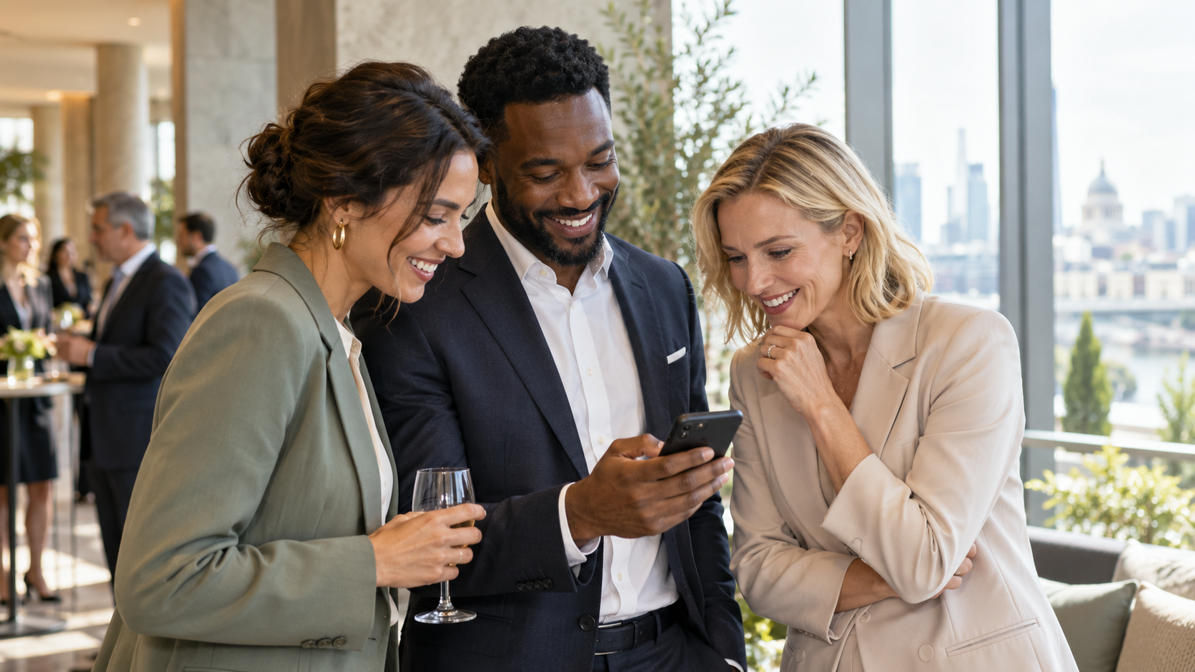 Colleagues viewing event photos together on a phone