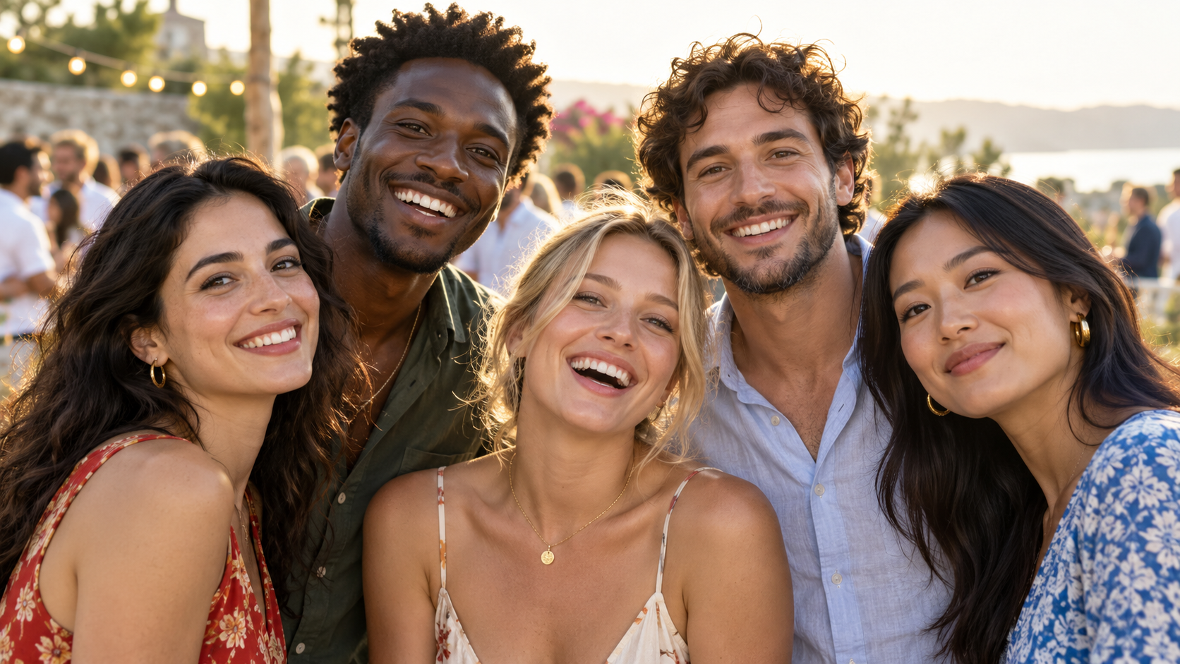Friends smiling together in a group portrait at an event