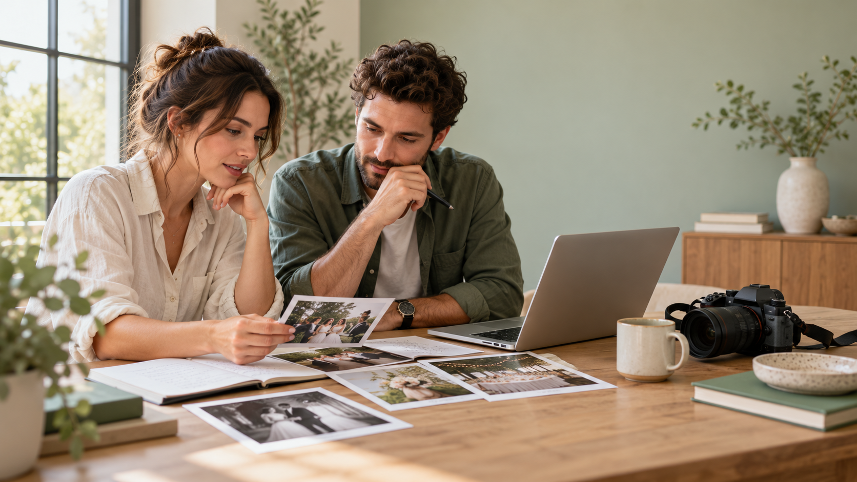 Organiser and photographer reviewing photographs together at a worktable