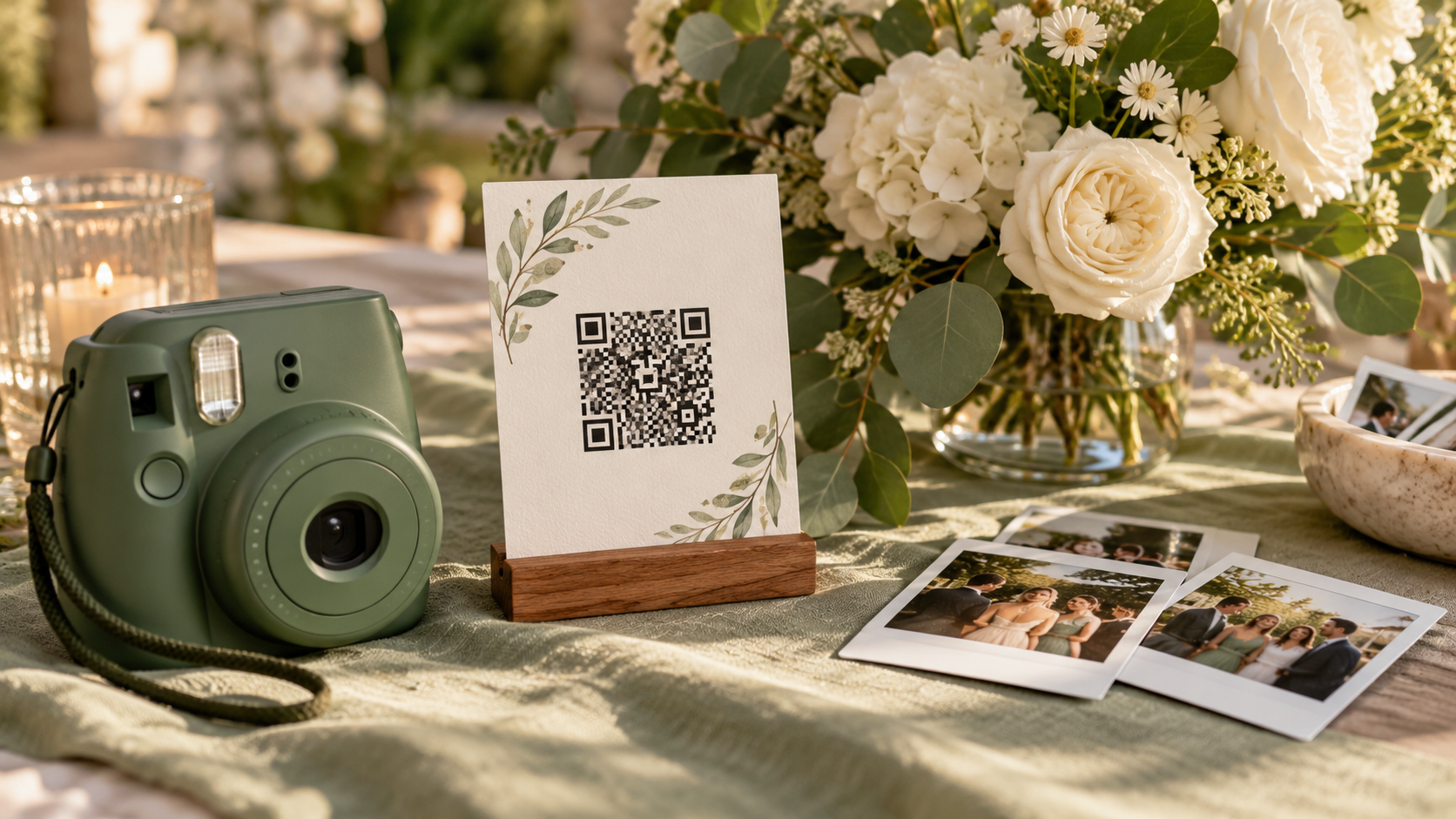 Illustrative QR invitation card beside a camera and event photo prints