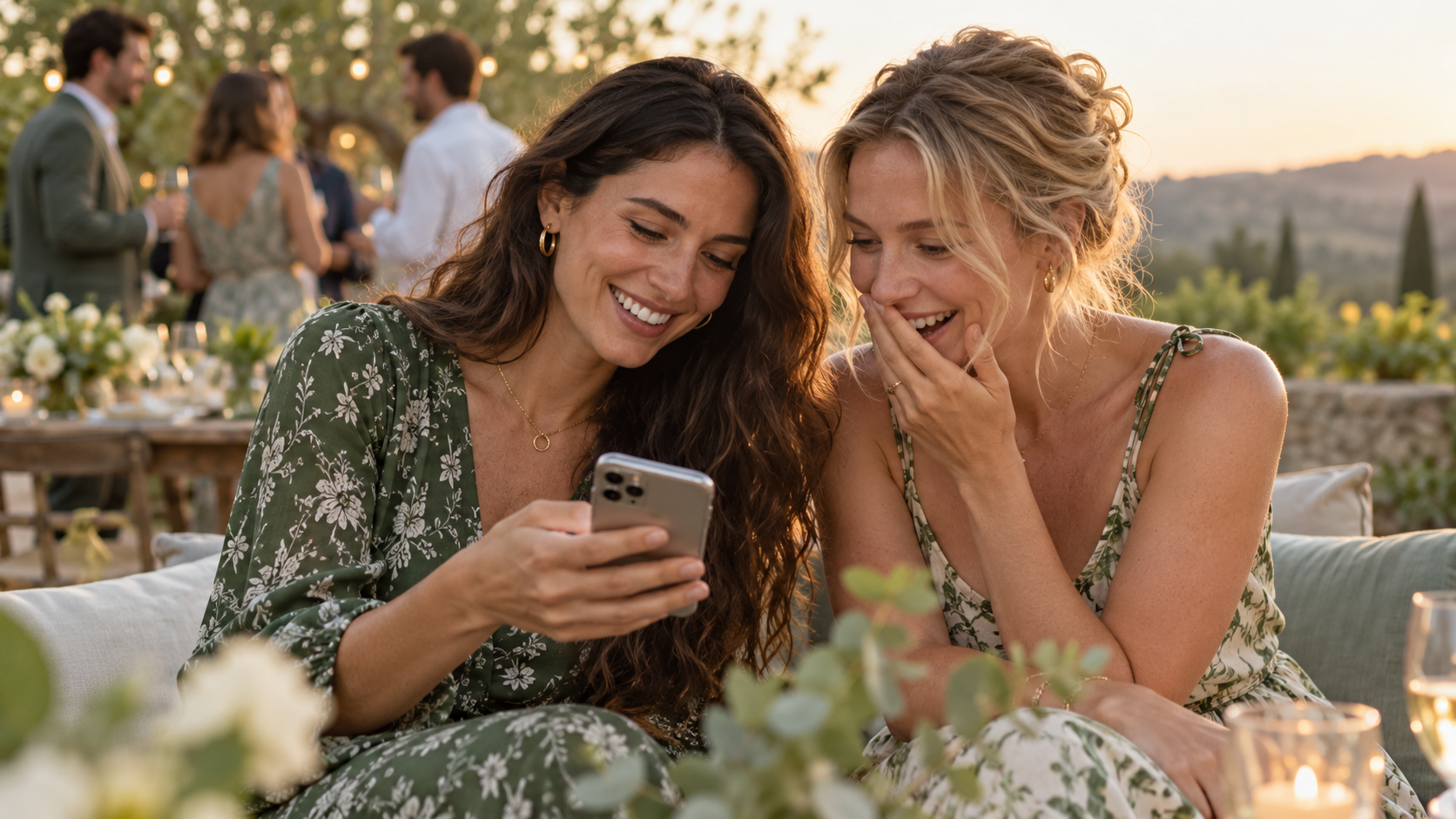 Two friends looking at event photos together on a phone